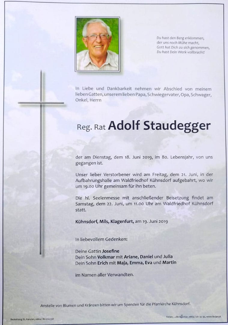 Adolf-Staudegger-Todesanzeige