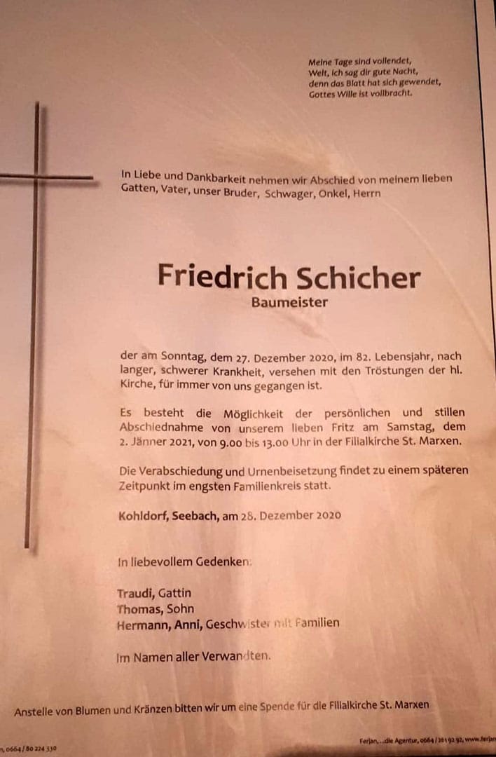 Friedrich-Schicher-Todesanzeige